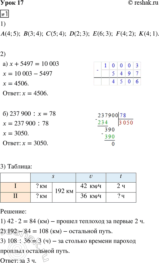 ����������� 1. 1) �������� ���������� ������ �, �, �, D, �, F, � �� �������:2) ���� ���������:�) x + 5497 = 10 003     �) 237 900 : x = 783) ������� ������� 192 ��. ������ 2 �...