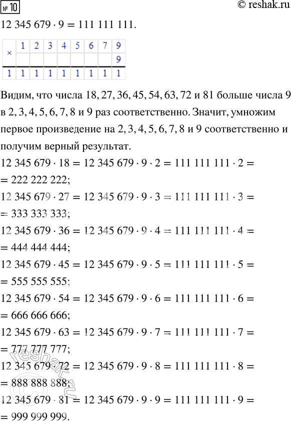  10.   12 345 679    : 9, 18, 27, 36, 45, 54, 63, 72, 81....