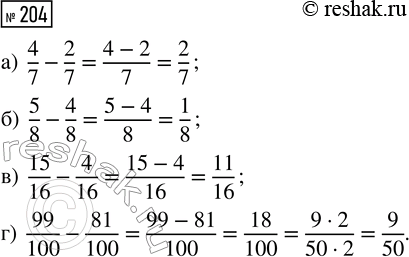  204.  :) 4/7 - 2/7;) 5/8 - 4/8;) 15/16 - 4/16;) 99/100 -...