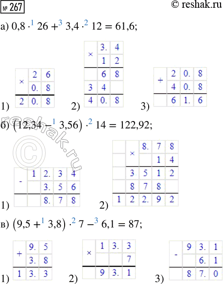  267.  :) 0,8  26 + 3,4  12; ) (12,34 - 3,56)  14; ) (9,5 + 3,8) ...