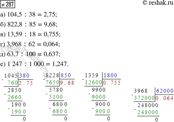  287.  :) 104,5: 38;	) 13,59 : 18;	) 63,7 : 100;) 822,8 : 85;	) 3,968 : 62;	) 1247 :...