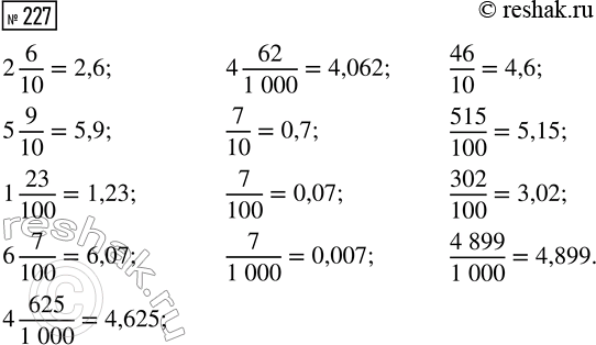  227.       2 6/10; 5 9/10; 1 23/100; 6 7/100; 4 625/1000; 4 62/1000; 7/10; 7/100; 7/1000; 46/10; 515/100; 302/100;...