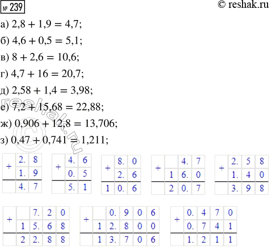  239.  :) 2,8 + 1,9;    ) 8 + 2,6;     ) 2,58 + 1,4;     ) 0,906 + 12,8;) 4,6 + 0,5;    ) 4,7 + 16;    ) 7,2 + 15,68;    ) 0,47 +...