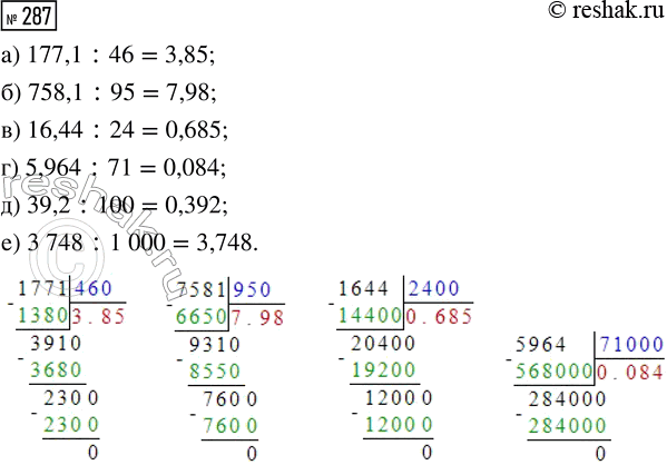  287.  :) 177,1 : 46;     ) 16,44 : 24;     ) 39,2 : 100;) 758,1 : 95;     ) 5,964 : 71;     ) 3748 :...