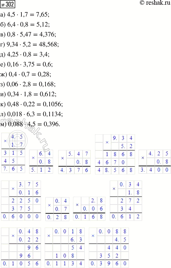  302.  :) 4,5  1,7;     ) 9,34  5,2;     ) 0,4  0,7;     ) 0,48  0,22;) 6,4  0,8;     ) 4,25  0,8;     ) 0,06  2,8;    ) 0,018 ...