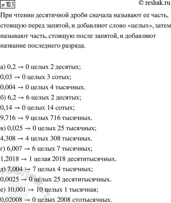 Изображение 10.1. Прочитайте десятичные дроби:  а) 0,2; 0,03; 0,004;   в) 0,025; 4,308;    д) 7,004; 0,0025;  б) 6,2; 0,14; 9,716;   г) 6,007; 1,2018;   е) 10,001;...