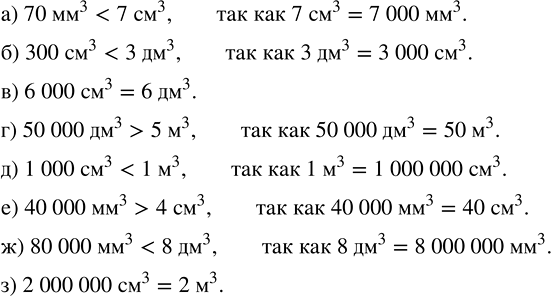 Изображение Сравните:  а) 70 мм^3 и 7 см^3;      д) 1000 см^3 и 1 м^3;  б) 300 см^3 и 3 дм^3;     е) 40 000 мм^3 и 4 см^3;  в) 6000 см^3 и 6...