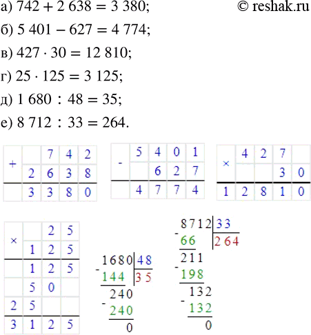����������� ��������� ��������:�) 742 + 2638;   �) 427 � 30;   �) 1680 : 48;�) 5401 - 627;   �) 25 � 125;   �) 8712 :...