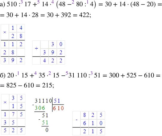 Изображение Найдите значение выражения:  а) 510 : 17 + 14 · (48 - 80 : 4);   6) 20 · 15 + 35 · 15 - 31 110 :...