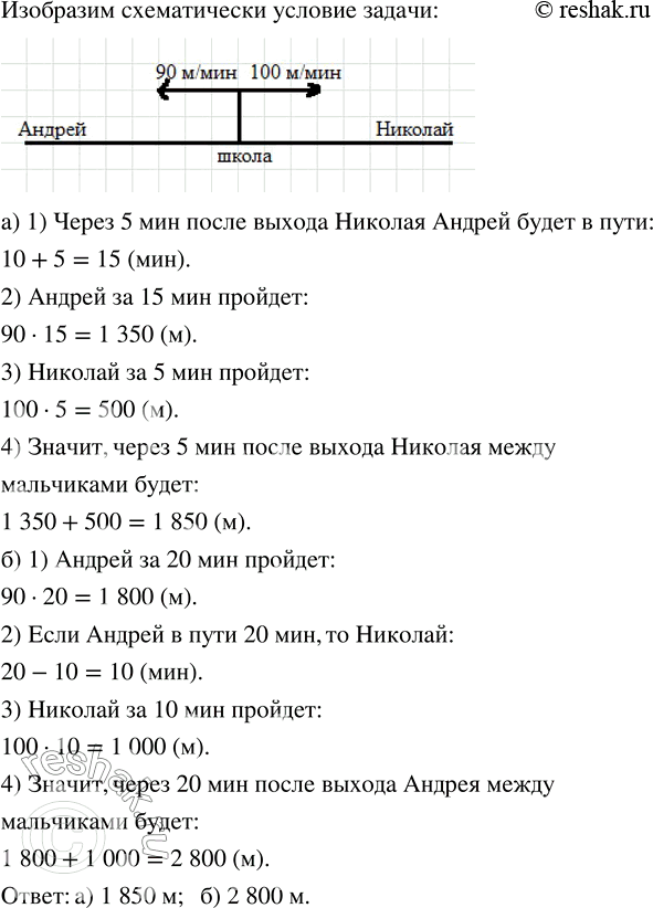 Изображение Андрей вышел из школы и направился к дому со скоростью 90 м/мин. Через 10 мин из школы вышел...