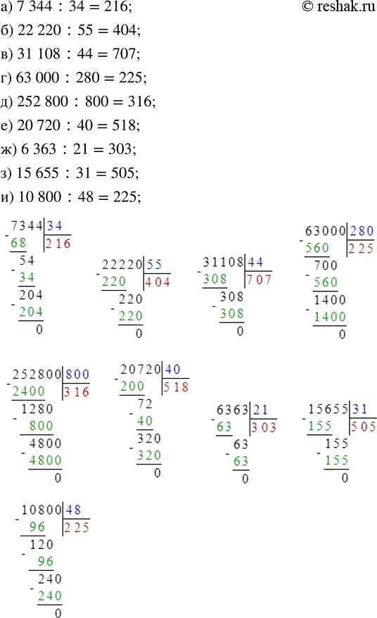Изображение Найдите частное:  а) 7344 : 34;     г) 63 000 : 280;    ж) 6363 : 21;  б) 22 220 : 55;   д) 252 800 : 800;   з) 15 655 : 31;  в) 31 108 : 44;   е)...