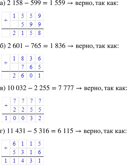 ����������� ����� ��� �������. ��������� � ������� ��������, ����� �� ���������:�) 2158 - 599 = 1559;   �) 10 032 - 2255 = 7777;�) 2601 - 765 = 1836;   �) 11 431 - 5316 =...