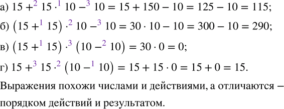 ����������� ������� ������� �������� � ��������� ����������:1) 15 + 15 � 10 - 10;     3) (15 + 15) � (10 - 10);2) (15 + 15) � 10 - 10;   4) 15 + 15 � (10 - 10). ��� ������ �...