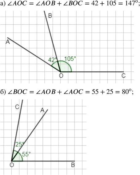 ����������� ��������� ��� ���� � ����� �������� � ����� �������� ���, ����� ����������� ��������� �������:�) ?AOB = 42�, ?BOC = 105�, ?AOC = 147�;�) ?AOB = 55�, ?BOC= 80�, ?AOC...