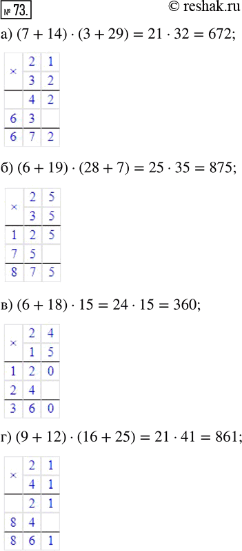  73.    (   ):) (7 + 14)  (3 + 29);) (6 + 19)  (28 + 7);) (6 + 18)  15;) (9 + 12)  (16 +...
