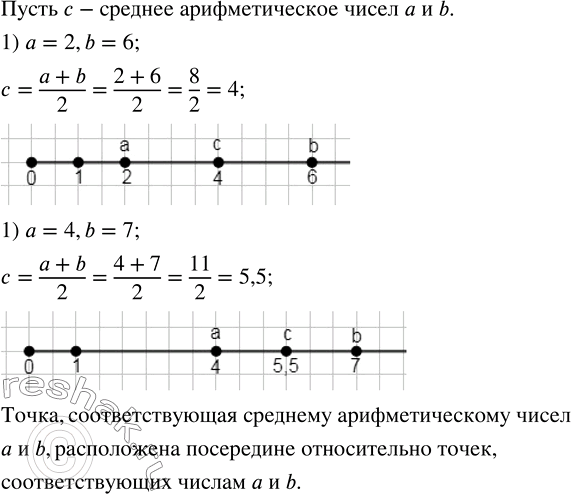 Изображение ﻿Отметьте на координатном луче числа а и b и их среднее арифметическое, если: 1) а = 2, b = 6; 2) а = 4,...