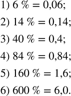 Изображение ﻿Запишите в виде десятичной дроби:  1) 6 %;    3) 40 %;   5) 160 %;  2) 14 %;   4) 84 %;   6) 600...