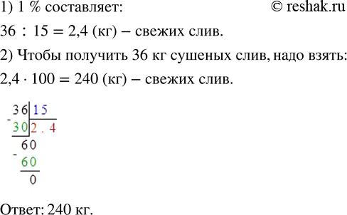 Изображение ﻿0. Масса сушёных слив составляет 15 % массы свежих. Сколько надо взять свежих слив, чтобы получить 36 кг...
