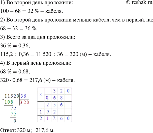 Изображение ﻿0. 3а два дня проложили кабель. В первый день проложили 68 % кабеля, а во второй — на 115,2 м...