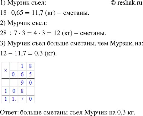 Изображение ﻿Кот Мурзик купил на базаре 18 кг сметаны, а кот Мурчик — 28 кг. За обедом Мурзик съел 0,65...