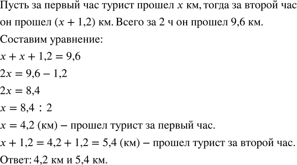 Изображение ﻿а 2 ч турист прошёл 9,6 км, причём в первый час он прошёл на 1,2 км меньше, чем во второй. Найдите, какое расстояние проходил турист за каждый...