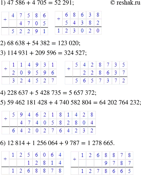 Изображение ﻿Выполните сложение:  1) 47 586 + 4 705;       4) 228 637 + 5 428 735;  2) 68 638 + 54 382;      5) 59 462 181 428 + 4 740 582 804;  3) 114 931 + 209...
