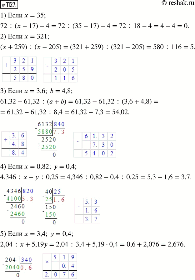  1127.   : 1) 72 : (x - 17) - 4,  x = 35; 2) (x + 259) : (x - 205),  x = 321; 3) 61,32 - 61,32 : (a + b),  a = 3,6, b = 4,8;...