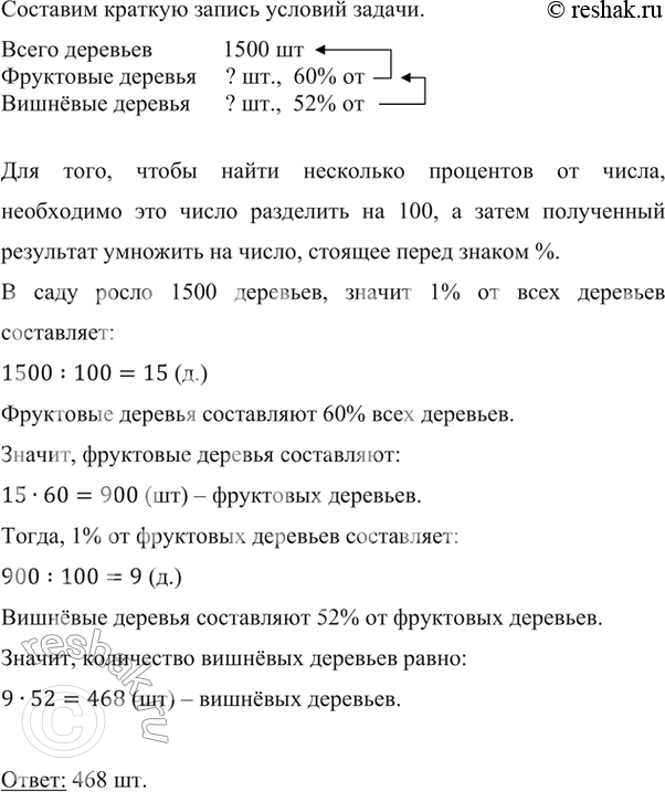 Изображение ﻿В саду росло 1 500 деревьев, из них 60 % составляли фруктовые деревья. Вишнёвые деревья составляли 52 % фруктовых деревьев. Сколько вишнёвых деревьев росло в...