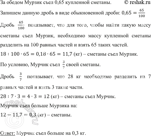 Изображение ﻿Кот Мурзик купил на базаре 18 кг сметаны, а кот Мурчик — 28 кг. За обедом Мурзик съел 0,65...