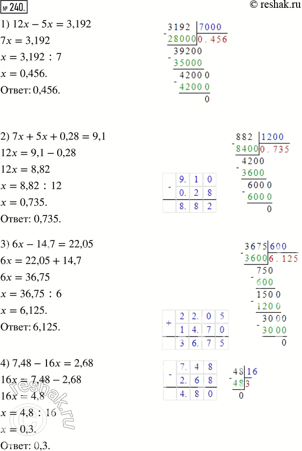  240.  :1) 12x - 5x = 3,192;         3) 6x - 14,7 = 22,05;2) 7x + 5x + 0,28 = 9,1;     4) 7,48 - 16x = 2,68....