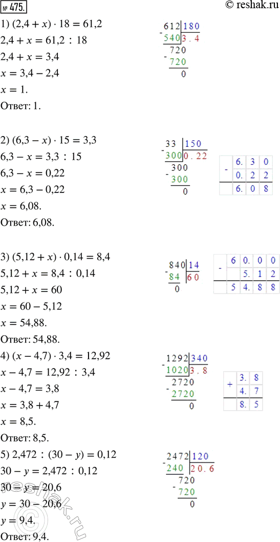  475.  .1) (2,4 + x)  18 = 61,2;2) (6,3 - x)  15 = 3,3; 3) (5,12 + x)  0,14 = 8,4; 4) (x - 4,7)  3,4 = 12,92;5) 2,472 : (30 - y) = 0,12; 6)...