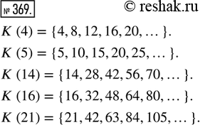 Изображение 369. Запиши с помощью фигурных скобок множество кратных для каждого из чисел: 4, 5, 14, 16,...