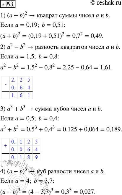  993.      :1) (a + b)^2,   = 0,19, b = 0,51;   3) ^3 + b^3,   = 0,5, b = 0,4;2) ^2 - b^2,   = 1,5, b = 0,8;     4)...