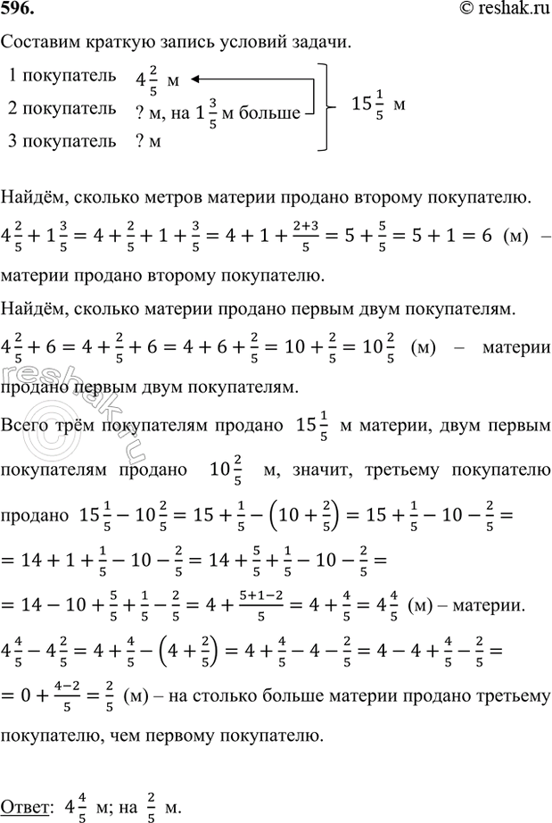 ����������� 596. ��� ����������� ������� 15 1/5 � �������. ������� ������� 4 2/5 �, � ������� - �� 1 3/5 � ������, ��� �������. ������� ������ ������� ������� �������� ����������?...