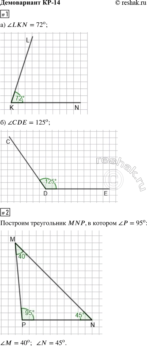 ����������� 1. ��������� ����, ����:a) ?LKN = 72�;   �) ?CDE = 125�.2. ��������� ����������� MNP �����, ����� ?P = 95�. �������� � �������� ��������� ���� ��������� �����...
