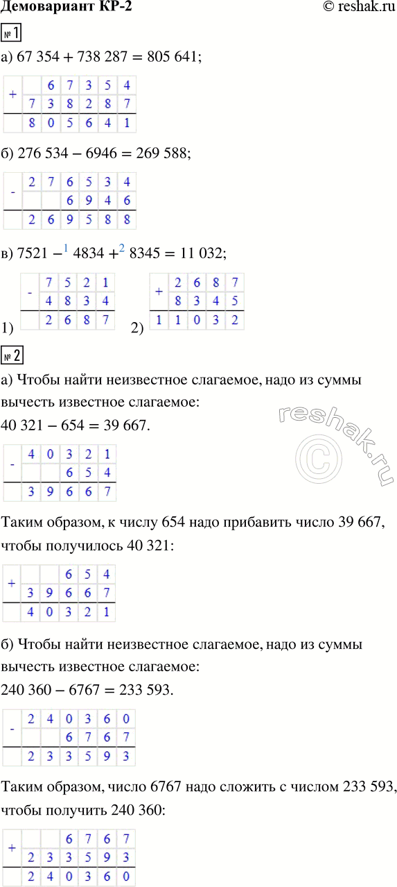 ����������� 1. ��������� ��������:�) 67 354 + 738 287;�) 276 534 - 6946;�) 7521 - 4834 + 8345.2. �) ����� ����� ���� ��������� � ����� 654, ����� ���������� 40 321?�) �...