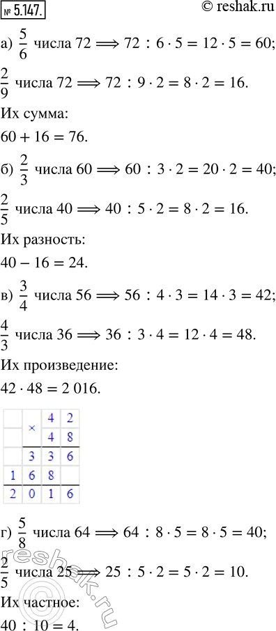 Изображение 5.147. а) Найдите сумму 5/6 числа 72 и 2/9 числа 72.б) Найдите разность 2/3 числа 60 и 2/5 числа 40.в) Найдите произведение 3/4 числа 56 и 4/3 числа 36.г) Найдите...