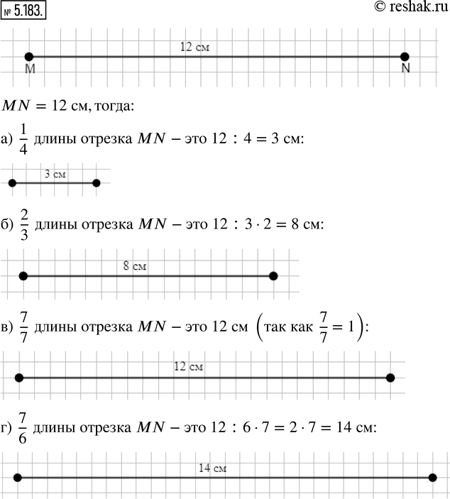 Изображение 5.183. Начертите отрезок MN, затем начертите отрезок, длина которого равна:а) 1/4 длины отрезка MN:      в) 7/7 длины отрезка MN;б) 2/3 длины отрезка MN;      г) 7/6...