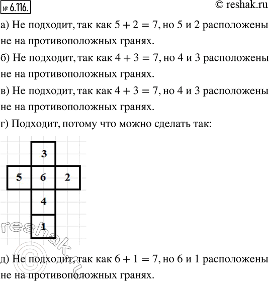 Изображение 6.116. Развивай воображение и мышление. На рисунке 71 найдите игральный кубик, у которого общее количество точек на противоположных гранях равно...