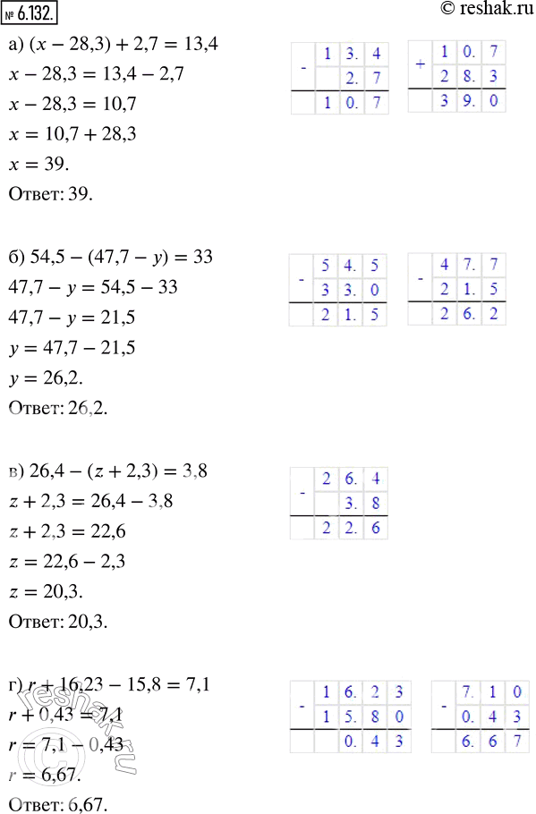  6.132.  :) ( - 28,3) + 2,7 = 13,4;     ) 26,4 - (z + 2,3) = 3.8:) 54,5 - (47,7 - ) = 33;      ) r + 16,23 - 15,8 = 7,1. , ...