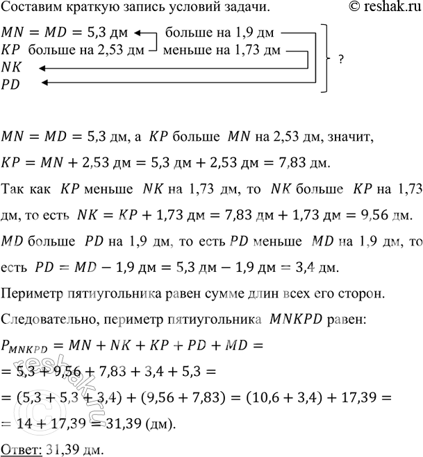 ����������� � ������������� MNKPD ������� MN � �D ����� �� 5,3 ��; �� ������ MN �� 2,53 ��, �� ������ NK �� 1,73 ��; MD ������ PD �� 1,9 ��. ������� �������� �������������. ��������...