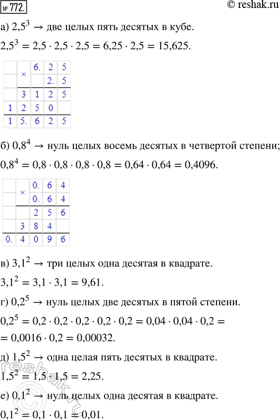  772.      :) 2,5^3;   ) 0,8^4;   ) 3,1^2;   ) 0,2^5;   ) 1,5^2;   )...