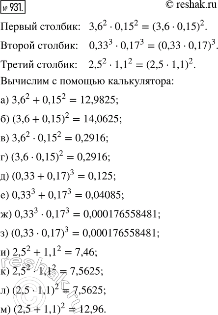  931.  , ,    ,     :) 3,6^2 + 0,15^2;   ) (0,33 + 0,17)^3;   ) 2,5^2 + 1,1^2;)...