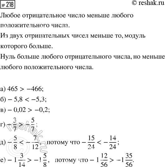  218. :) 465  -466;      ) -0,02  -0,2;     ) -5/8  -7/12;) -5,8  -5,3;     ) -3/7  -5/7;      ) -1 3/14  -1...