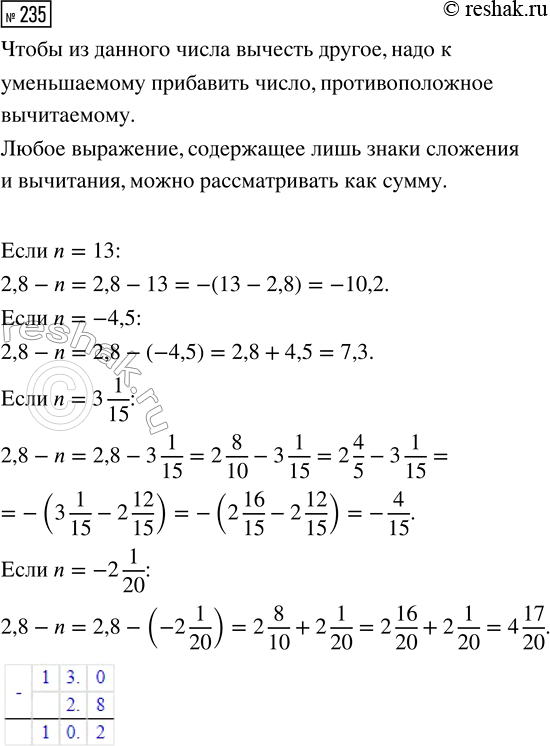  235.    2,8 - n,  n = 13; n = -4,5; n = 3 1/15; n = -2 1/20....