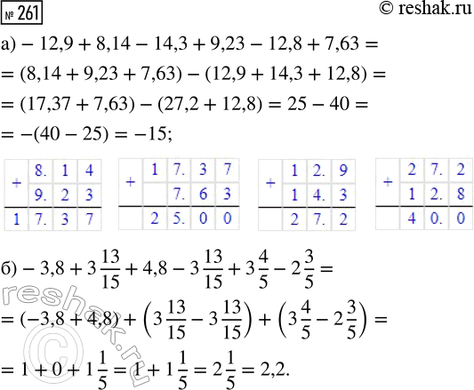  261.   :) -12,9 + 8,14 - 14,3 + 9,23 - 12,8 + 7,63;) -3,8 + 3 13/15 + 4,8 - 3 13/15 + 3 4/5 - 2...