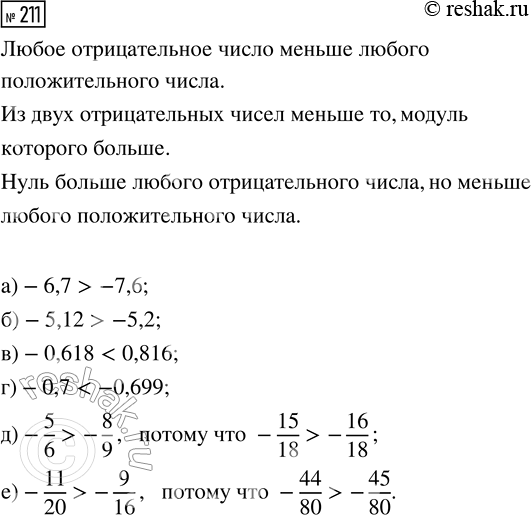  211. :) -6,7  -7,6;        ) -0,7  -0,699;) -5,12  -5,2;       ) -5/6  -8/9;) -0,618  0,816;     ) -11/20 ...