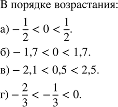 Изображение Расположите числа в порядке возрастания. Запишите ответ в виде двойного неравенства:  а) 0; -1/2; 1/2;  б) 1,7; 0; -1,7;   в) 2,5; -2,1; 0,5;   г) -1/3; -2/3;...