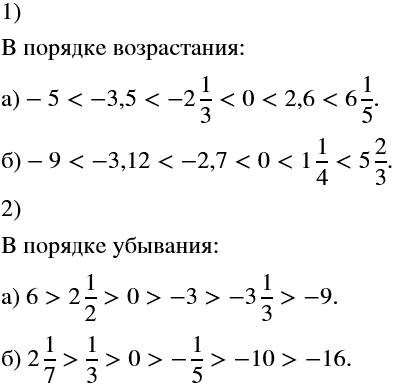 Изображение Расположите в порядке возрастания числа:  а) -2 1/3; -5; 0; -3,5; 2,6; 6 1/5;   б) 5 2/3; -9; 0; 1 1/4; -2,7; -3,12.    ...
