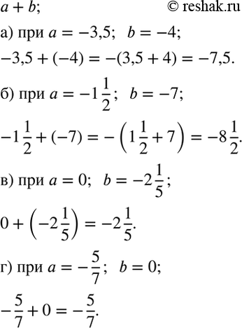 Изображение Найдите значение выражения a + b при:  а) а = -3,5, b = -4;   б) а = -1 1/2, b = -7;   в) а = 0, b = -2 1/5;  г) а = -5/7, b =...
